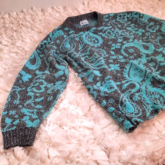 Vintage Sweaters - Vintage Funky Paisley Print Knit Sweater GUC 80s 90s Heather Grey Teal